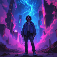 A figure stands in a vibrant, neon-lit cityscape, facing stormy skies with lightning, embodying the struggle of accepting the past as depicted in the quote about irretrievable moments.