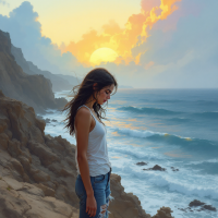 A contemplative woman stands on a rugged cliff by the ocean, gazing at a vibrant sunset, embodying the challenge of striving to be good, as reflected in the accompanying quote.