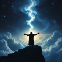 A figure stands on a rocky outcrop, arms outstretched towards a glowing, swirling light in the sky, symbolizing the pursuit of knowledge and the dual path to wisdom or folly.