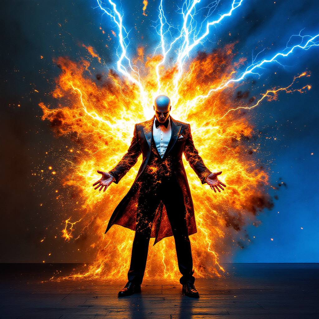 A man in a tuxedo stands amidst a dramatic explosion of plasma and fire, his attire engulfed in flames, surrounded by an electrifying aura. The scene conveys intense energy and chaos.