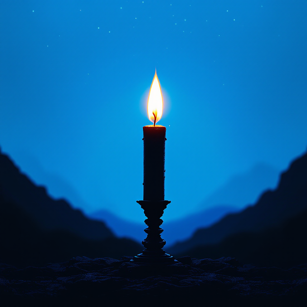 A solitary candle flickers brightly against a serene blue background, symbolizing hope and illumination in dark places, echoing the quote about light when all else fades.