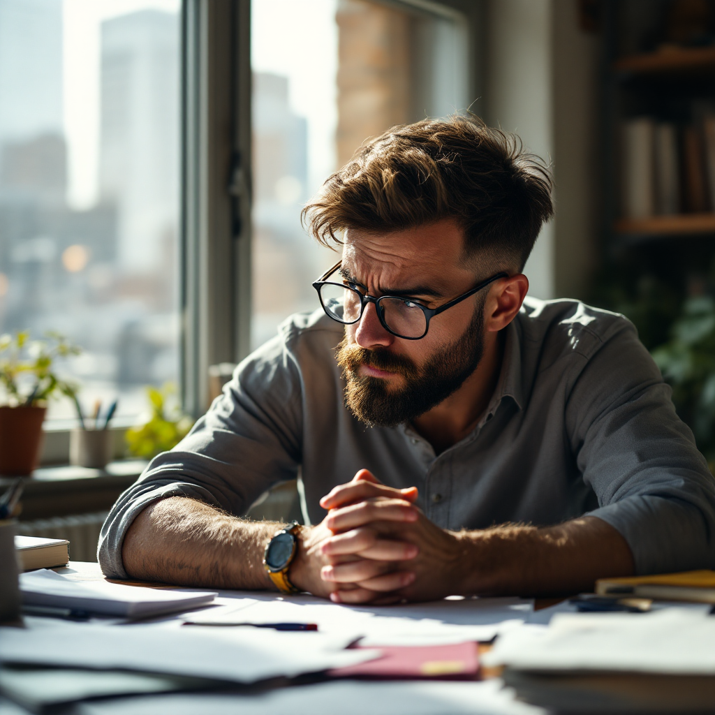 A thoughtful man with glasses sits at a cluttered desk, deep in contemplation, embodying the challenge of articulating problems to find solutions, as reflected in the book quote.