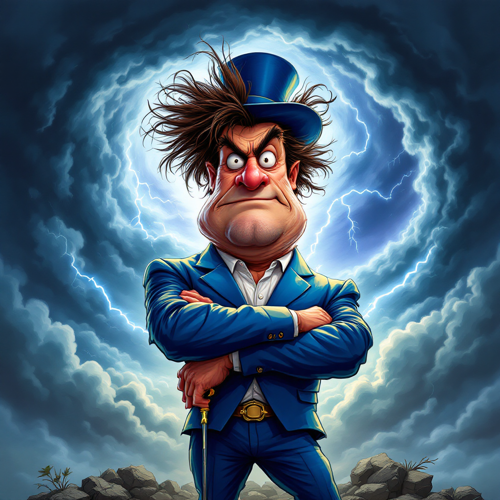 A determined character stands with crossed arms, wearing a blue suit and top hat, against a stormy backdrop, embodying the quote about fighting back in life.