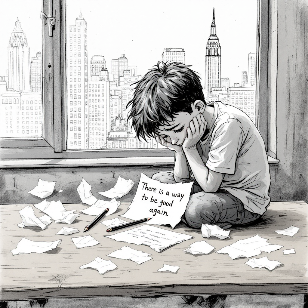 A boy sits on a windowsill, surrounded by crumpled papers, holding his head in his hands while reading a note that says, There is a way to be good again, with a city skyline in the background.