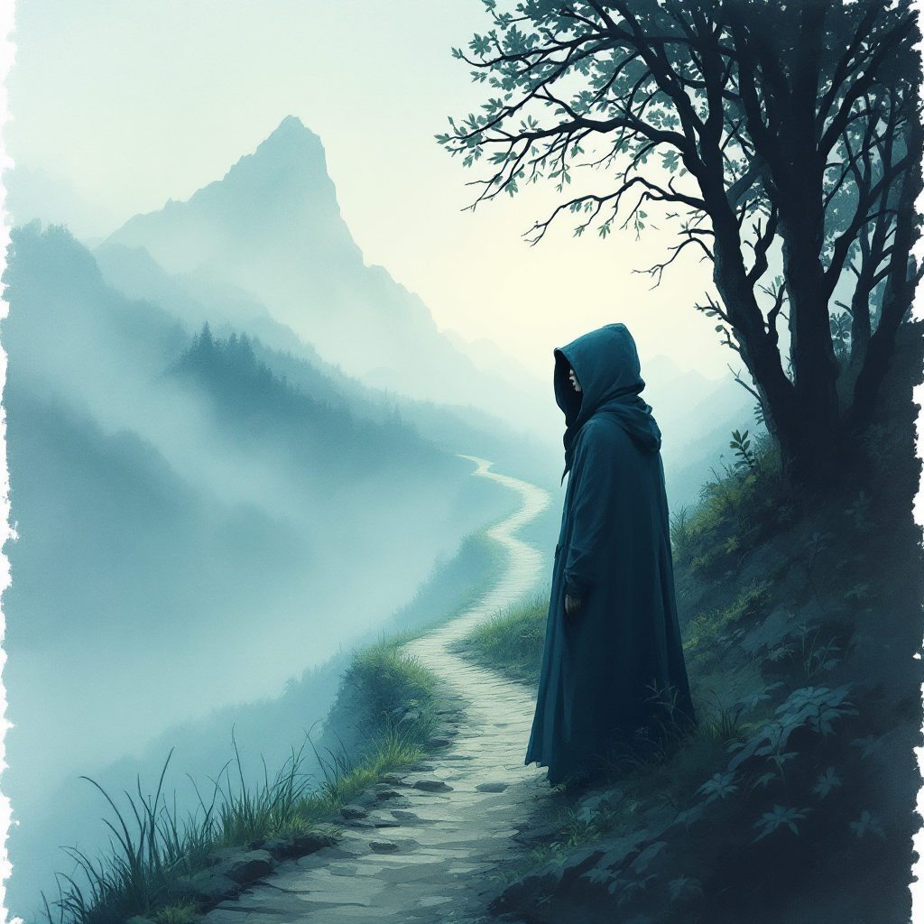 A hooded figure stands on a misty path, surrounded by mountains. The serene landscape embodies a philosophical journey, reflecting on skepticism and its limits.