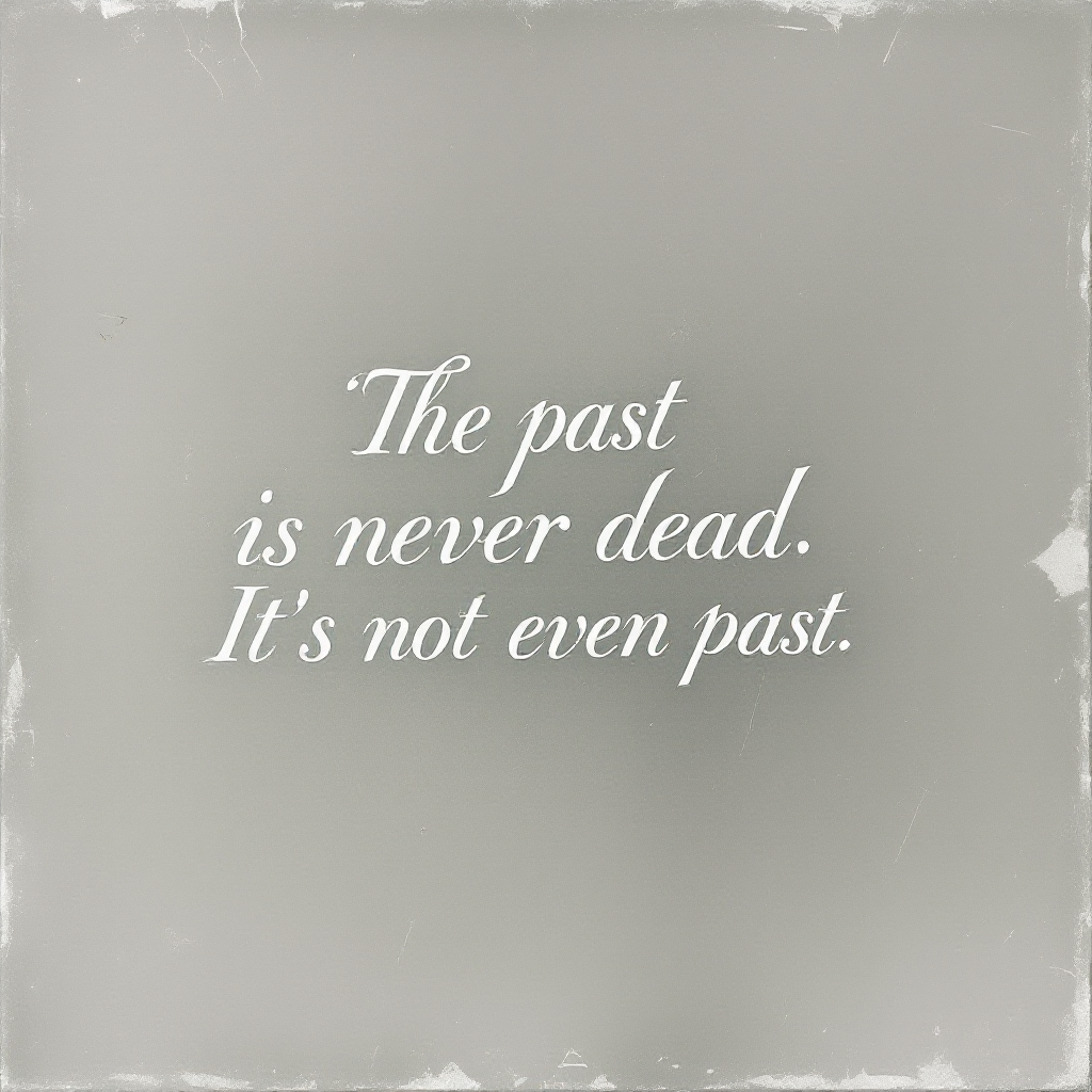 A faded gray background features the quote, The past is never dead. It's not even past, elegantly displayed in white cursive text, reflecting on the enduring nature of memory.