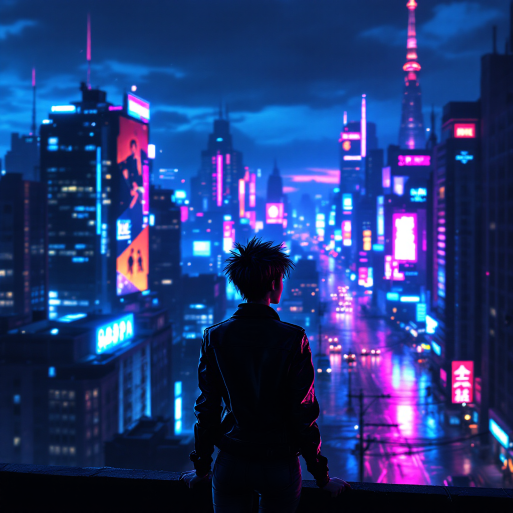 A figure stands on a rooftop, gazing at a vibrant cityscape illuminated by neon lights, embodying the essence of trust emerging from the shadows of dark moments.