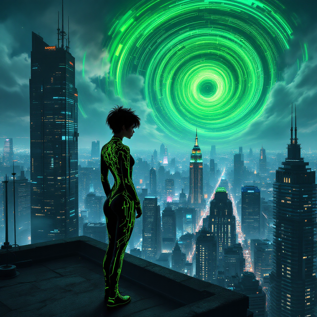 A figure in a glowing green suit stands on a rooftop overlooking a futuristic city under a swirling green portal, reflecting on isolation in a city without walls.