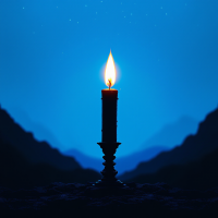 A solitary candle flickers brightly against a serene blue background, symbolizing hope and illumination in dark places, echoing the quote about light when all else fades.