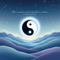 A serene night landscape features rolling hills beneath a starry sky, with a prominent yin-yang symbol in the center, accompanied by a quote about balance and the absence of good and evil.