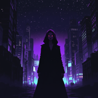 A mysterious figure in a dark cloak stands in a vibrant, futuristic cityscape at night, illuminated by purples and blues, evoking unexpected memories and emotions.