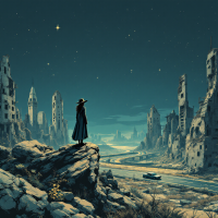 A lone figure in a long coat stands on a rocky outcrop, overlooking a desolate landscape of ruins under a starry sky, embodying freedom found after loss, as inspired by the quote.