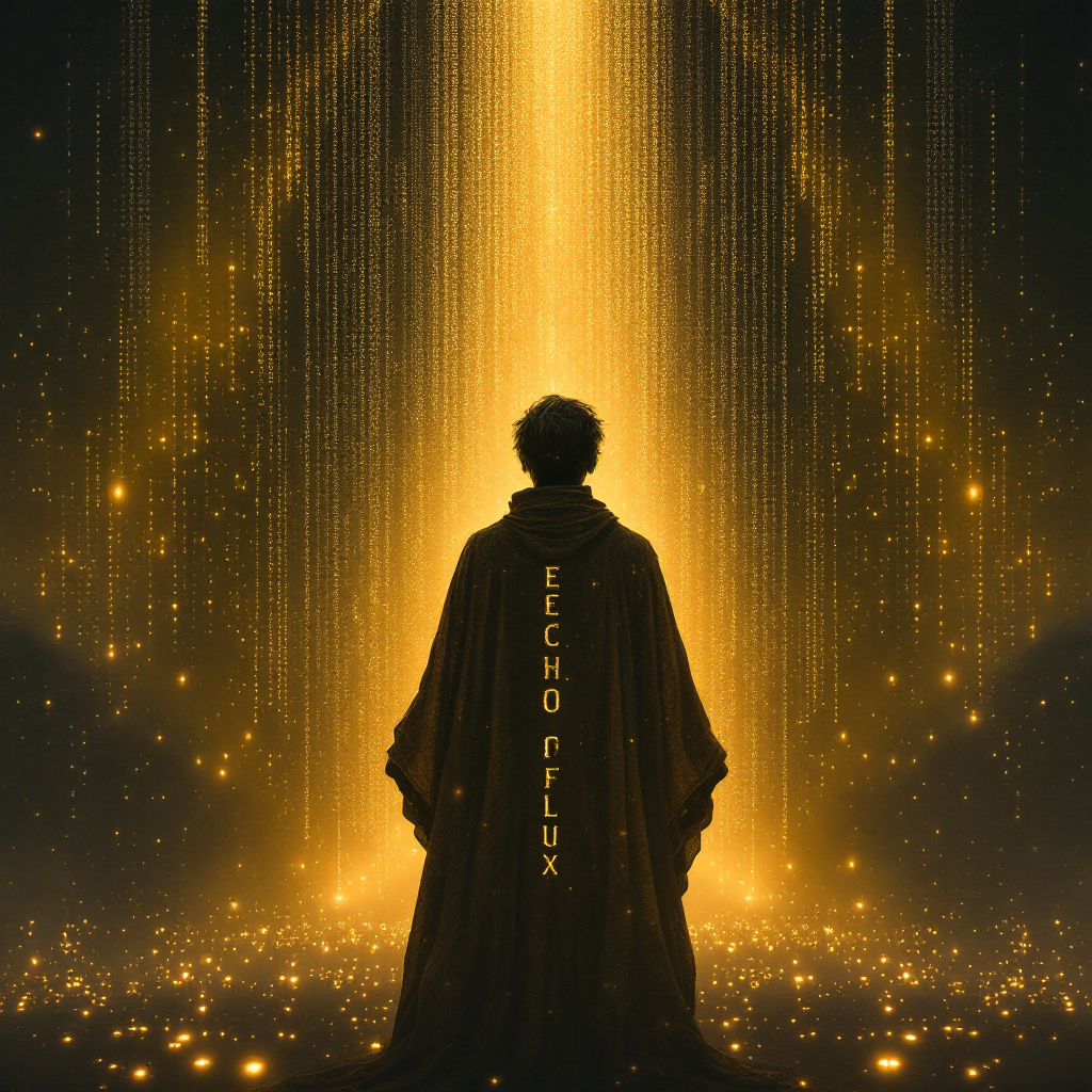 A figure in a dark cloak stands before a cascading waterfall of golden light, symbolizing the power of true names in a digital realm of pixels and code. The text Echo Flux appears beside them.