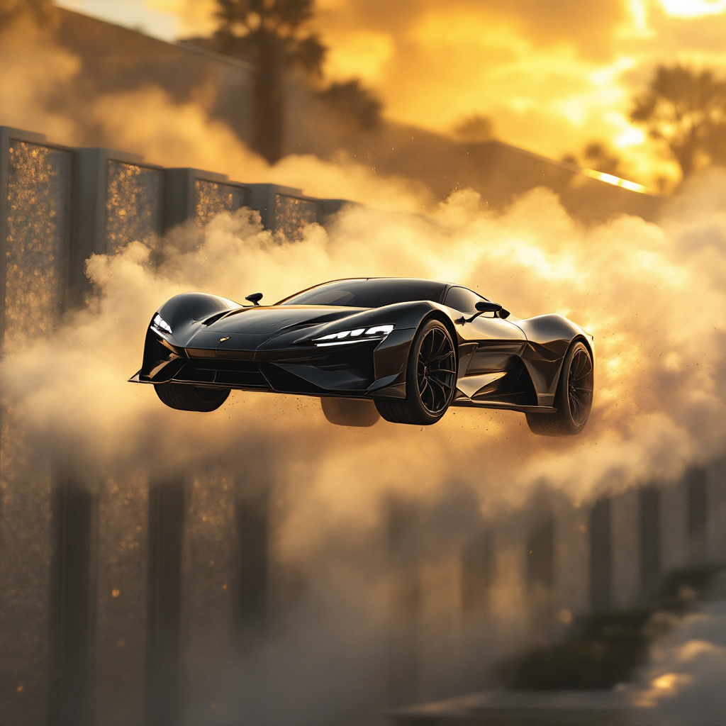 A sleek black car hovers above a barrier, surrounded by clouds of dust and sunlight, capturing the essence of soaring above luxury limousines and high diamond walls.