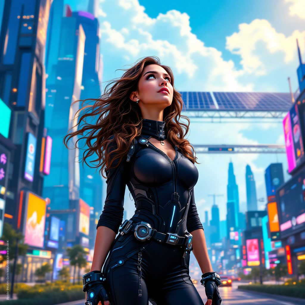 A confident woman in a sleek black outfit gazes upward in a futuristic cityscape, symbolizing a shift in mindset for true energy independence amidst modern skyscrapers and solar panels.