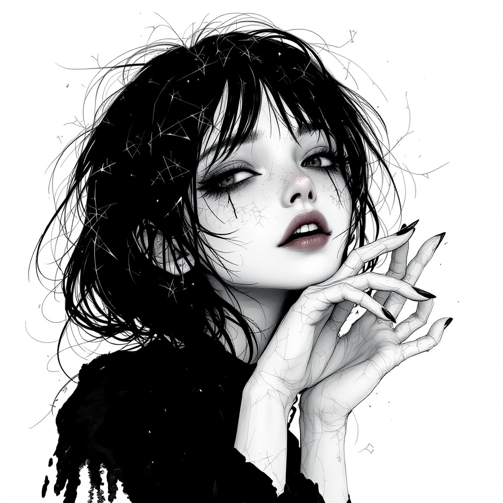 A stylized black-and-white portrait of a young woman with tousled hair and striking features, conveying an intriguing mix of fragility and hidden strength.