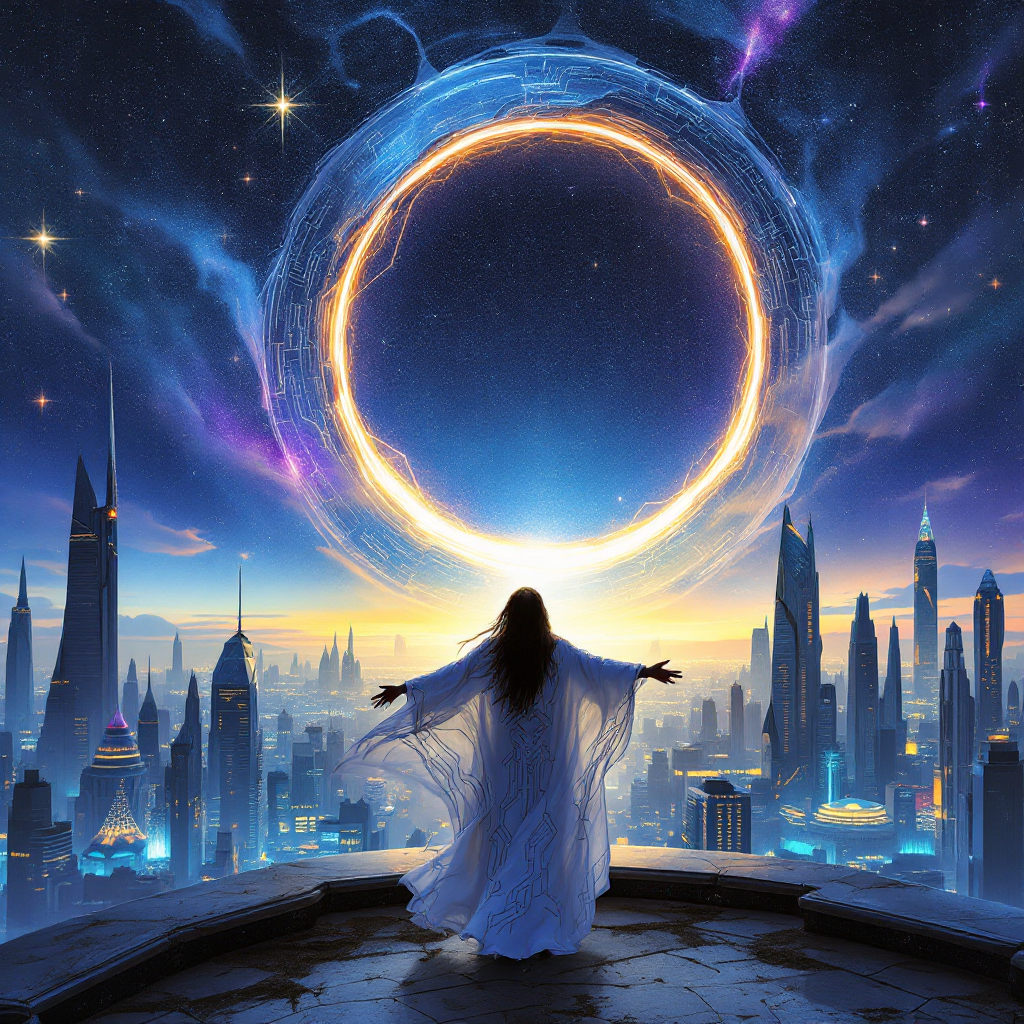 A figure in a flowing white garment stands with arms outstretched before a glowing circular portal, overlooking a futuristic cityscape at dawn, symbolizing new beginnings and the cycle of life.