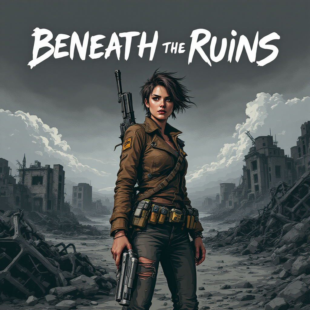 A determined woman stands in a desolate landscape, holding a firearm, embodying the complexities of truth amid destruction, with the title Beneath the Ruins prominently displayed.