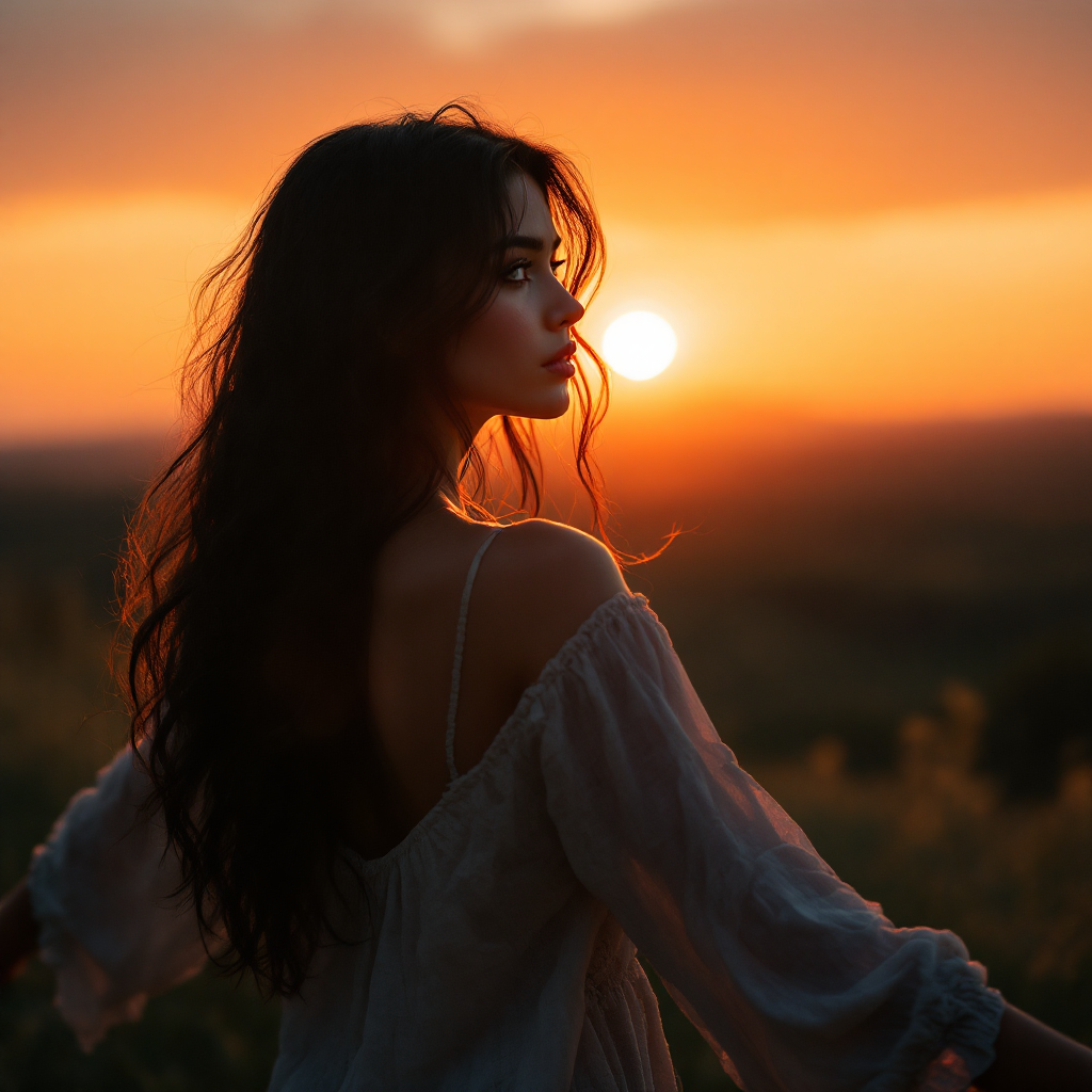 A contemplative young woman stands against a vibrant sunset, arms open wide, embodying the idea that personal choices shape identity beyond external definitions.