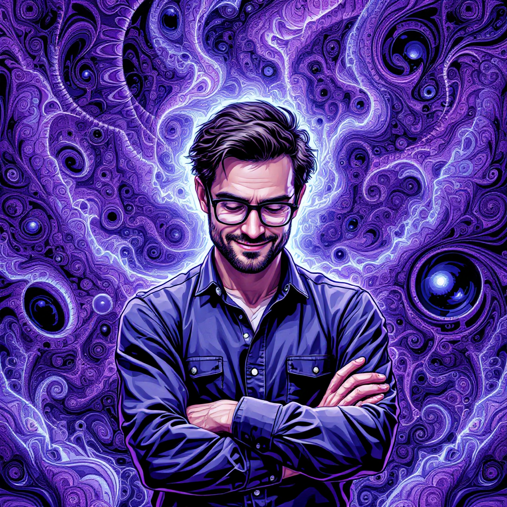 A man with glasses stands confidently, arms crossed, against a vibrant, swirling purple background, capturing the essence of feeling misplaced yet not inherently bad.