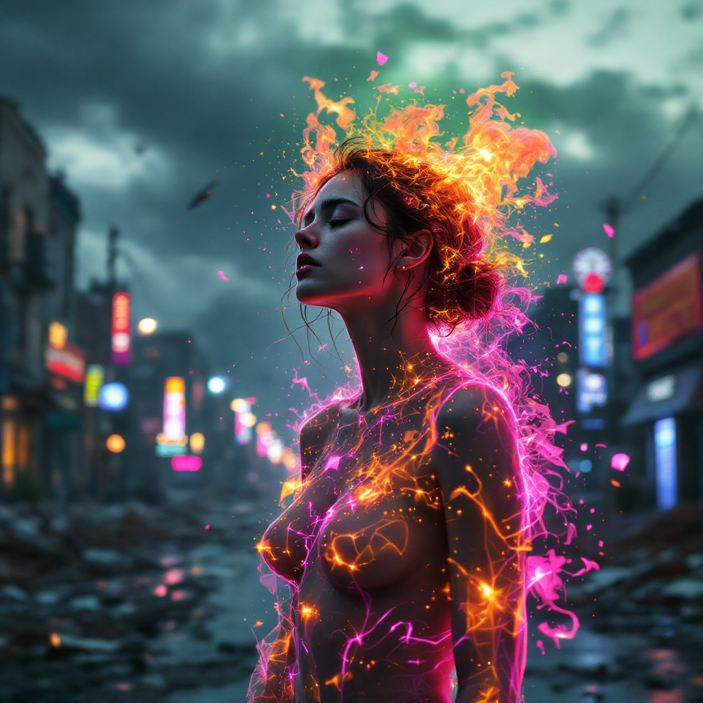 A woman stands amidst a desolate street, her body surrounded by vibrant, colorful flames. The scene evokes a sense of transformation, reflecting the quote about reliving moments in reverse.