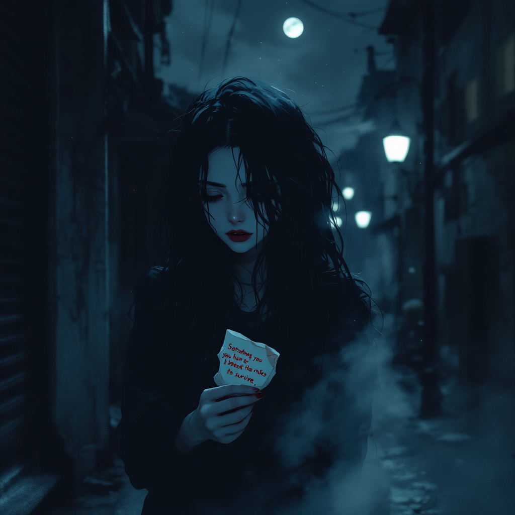 A solitary figure with long, dark hair stands in a dimly lit alley, holding a note that reads, Sometimes you have to break the rules to survive, surrounded by fog and soft streetlight glow.