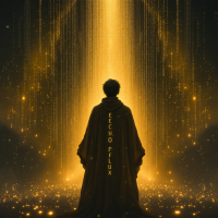 A figure in a dark cloak stands before a cascading waterfall of golden light, symbolizing the power of true names in a digital realm of pixels and code. The text Echo Flux appears beside them.