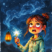 A young girl holds a glowing flashlight, gazing upward with wide eyes at a starlit sky. A lantern glows beside her, capturing the tension between fear and the pursuit of truth.