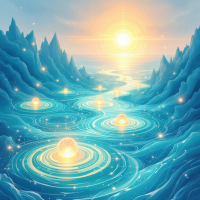 A serene landscape featuring a winding river surrounded by mountains, illuminated by a radiant sun and dotted with glowing orbs, symbolizing the non-linear journey of healing.