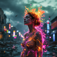 A woman stands amidst a desolate street, her body surrounded by vibrant, colorful flames. The scene evokes a sense of transformation, reflecting the quote about reliving moments in reverse.