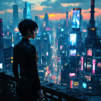 A figure stands on a rooftop, gazing at a vibrant, futuristic cityscape filled with neon lights and towering skyscrapers, embodying the spirit of living a memorable life.