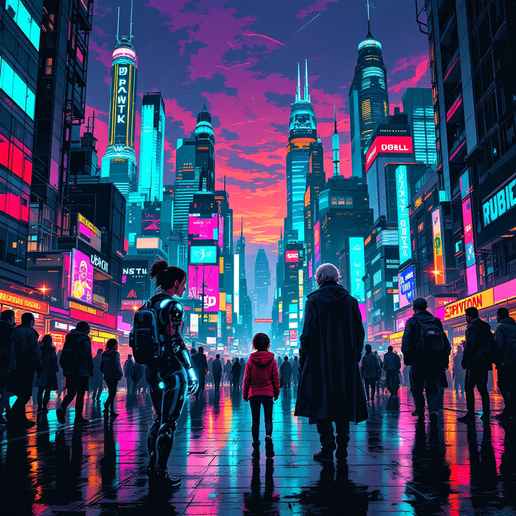 A vibrant cityscape at dusk, illuminated by neon lights, featuring a diverse crowd. A child stands between two figures, embodying different experiences and perspectives on life and intelligence.