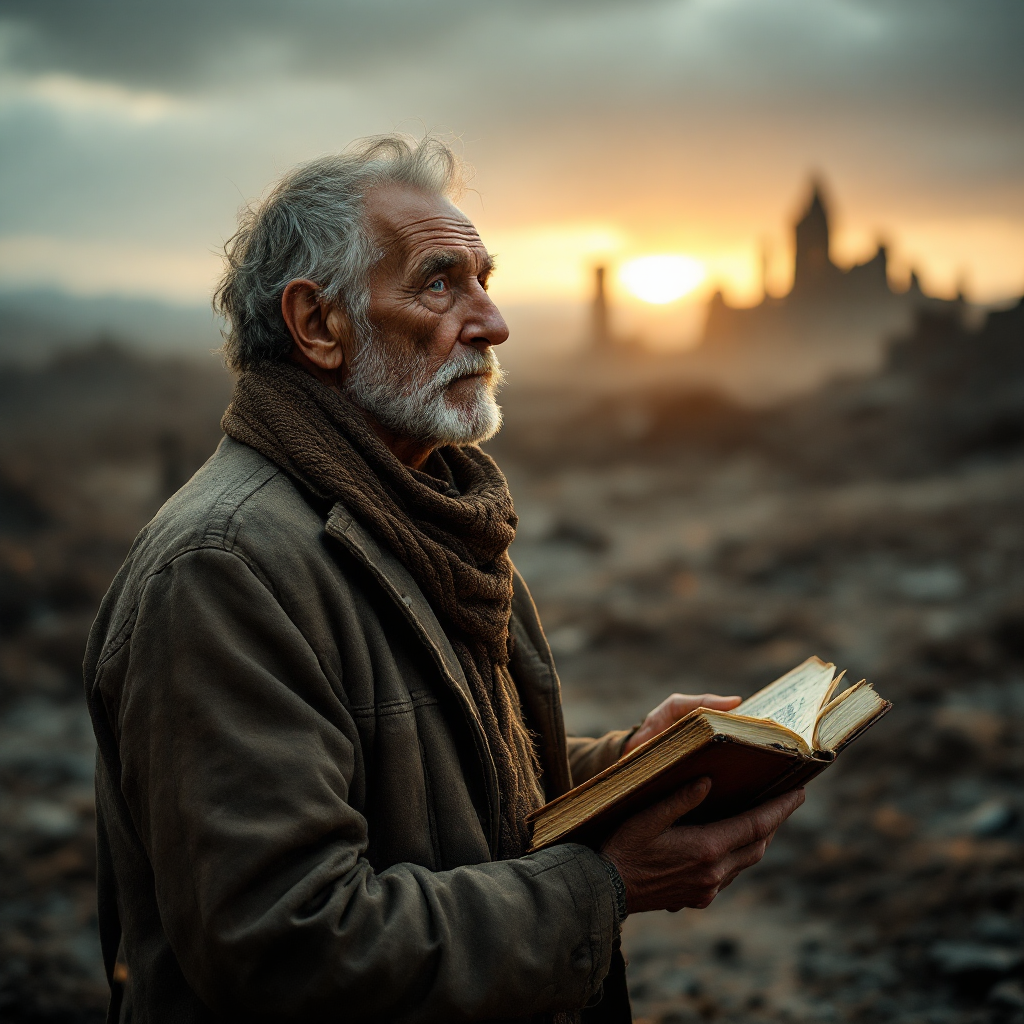 An elderly man stands amidst a desolate landscape, holding a book as the sun sets behind him, embodying the idea that history is shaped by those who survive to share their stories.