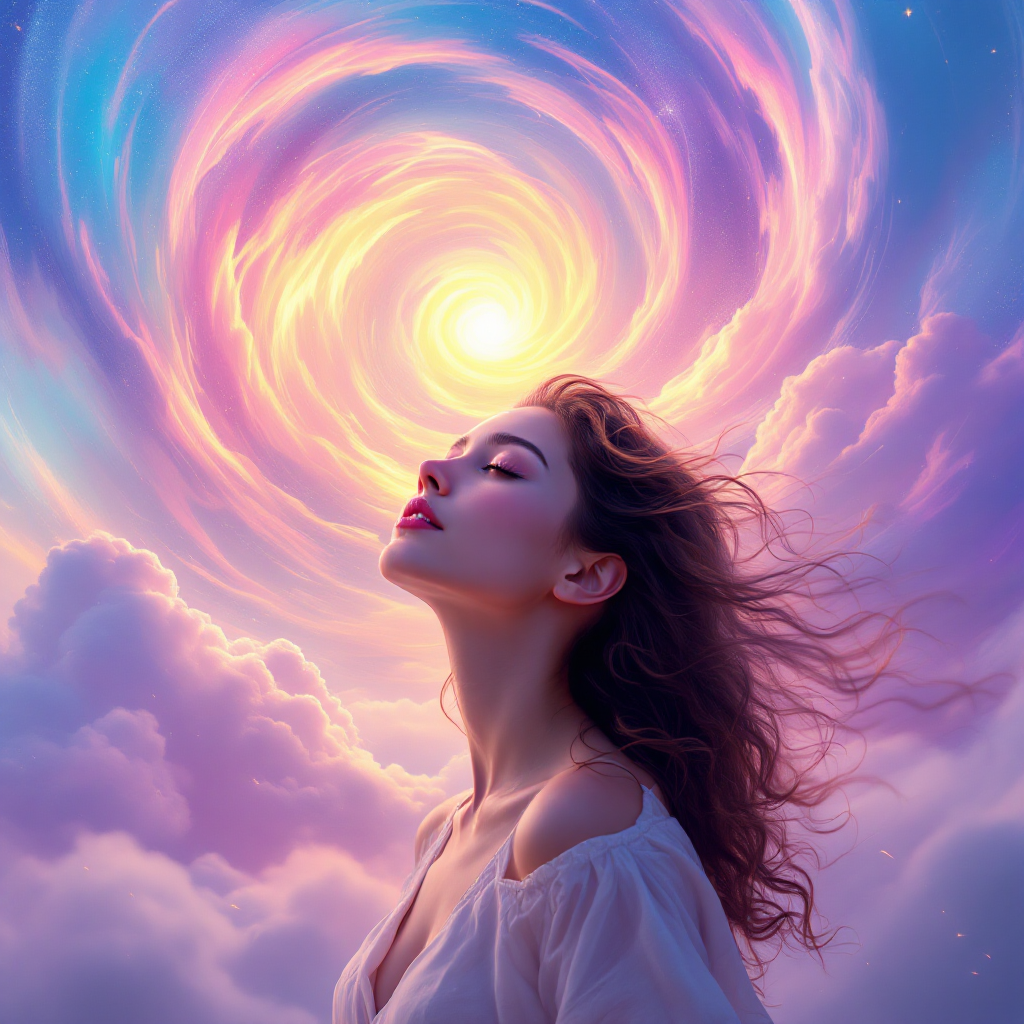 A serene woman gazes upwards as a vibrant, swirling light illuminates the sky, embodying the essence of dreaming and the hope that dreams bring to life.