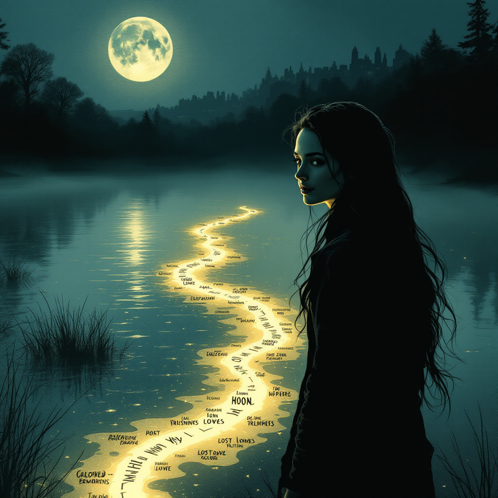 A woman stands by a glowing river under a full moon, reflecting on her past. The luminous path represents her journey, capturing the essence of change and self-discovery.