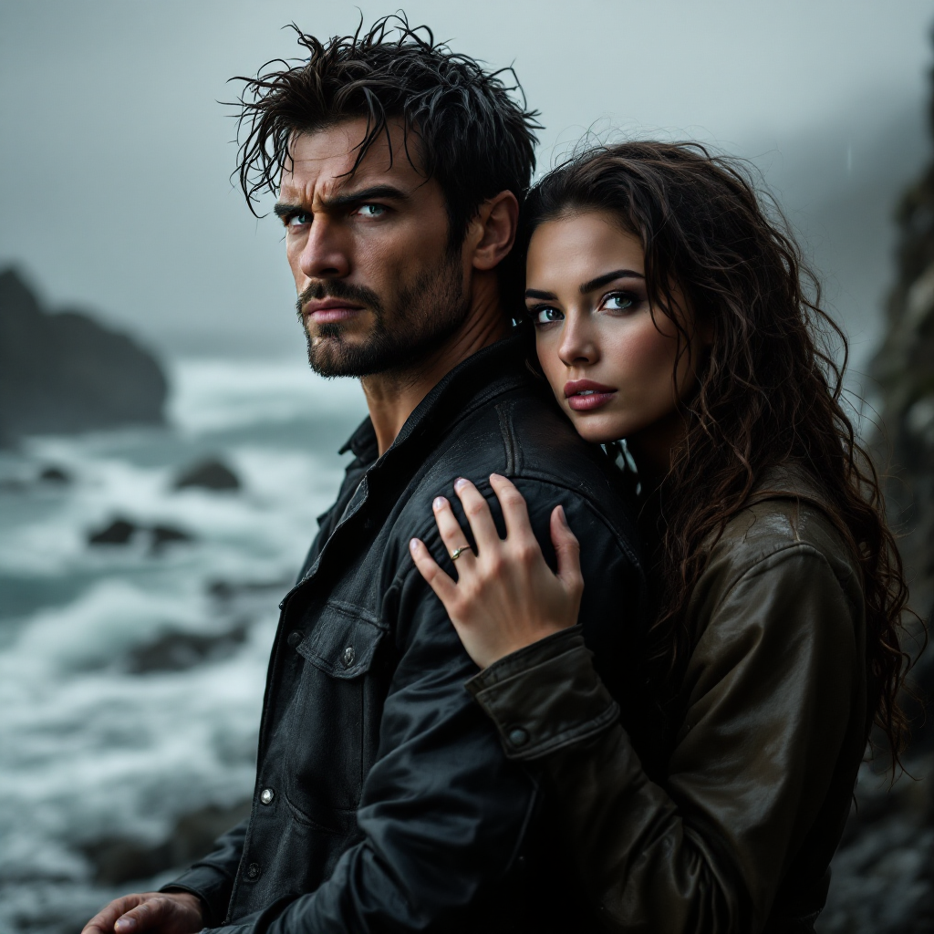 A man and woman stand together on a rocky coast, their expressions serious against a stormy backdrop, embodying a deep bond forged in adversity amidst turbulent waves.