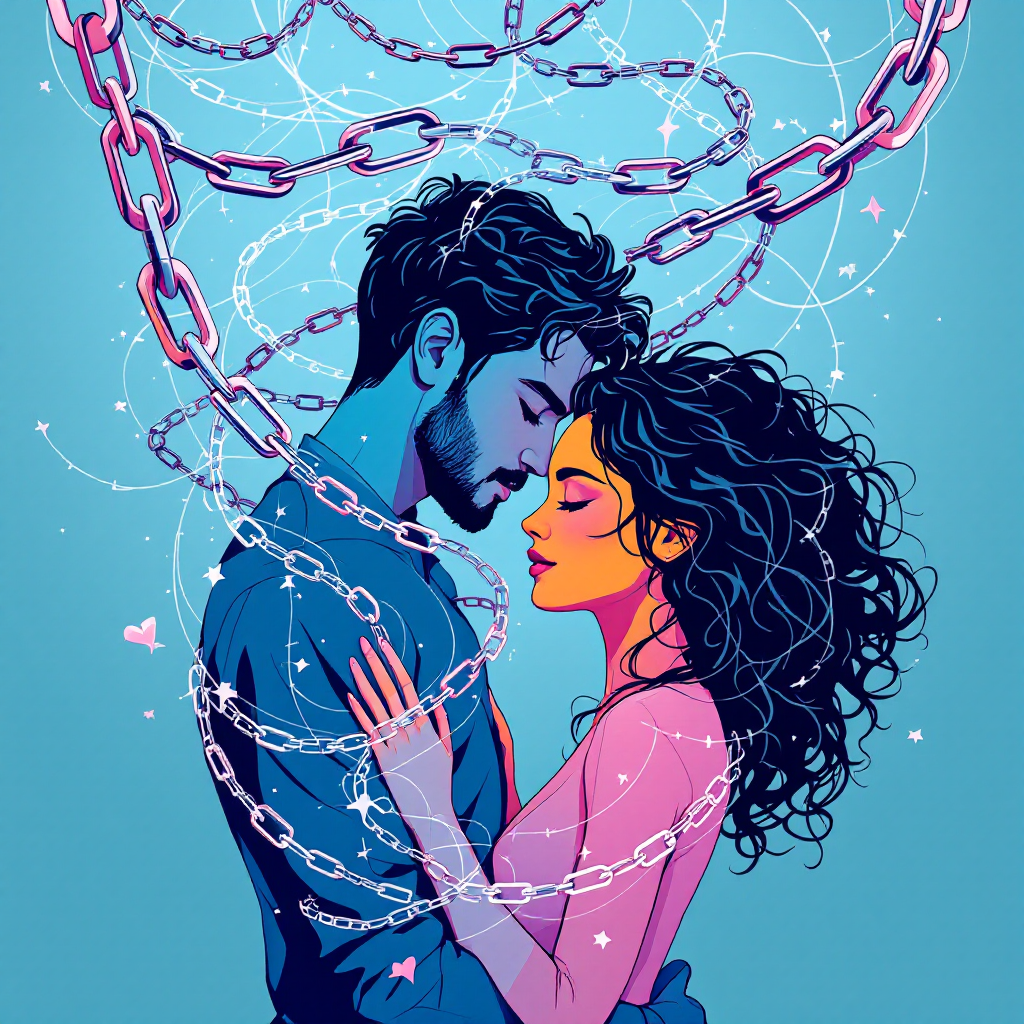 An illustration of a couple embracing, surrounded by intertwining chains, symbolizing love as a powerful, binding force beyond mere feelings.