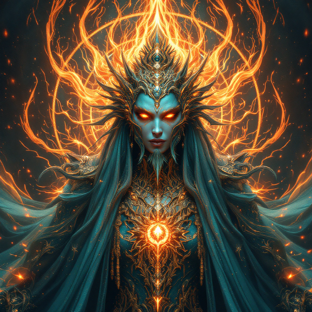 A regal figure with piercing eyes and an ornate headdress is surrounded by glowing, fiery tendrils, embodying the essence of imperial power and will.