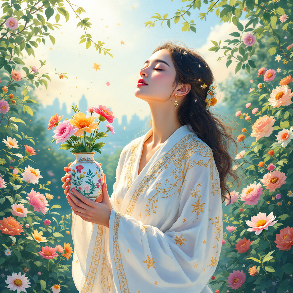 A serene woman in a flowing white kimono, surrounded by blooming flowers, holds a vase of vibrant blossoms, embodying the transformative power of personal growth.