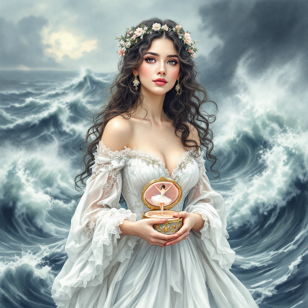 A serene woman in a flowing white dress stands confidently amidst turbulent ocean waves, holding a delicate hourglass, embodying calm in a chaotic world.