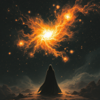 A silhouetted figure gazes upward at a vibrant cosmic explosion of orange and yellow rays against a dark starry sky, symbolizing the quest to understand the unknown universe.