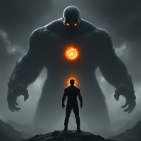 A small figure stands confidently before a towering, shadowy giant with glowing orange eyes and a fiery core, illustrating the theme of confronting challenges directly.