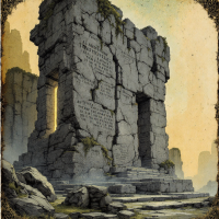 A weathered stone structure stands amidst rocky terrain, with inscriptions faintly visible. Soft light filters through, evoking themes of time revealing profound truths.