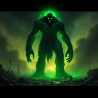 A towering, dark figure emanates a powerful green glow, surrounded by a desolate landscape. Two small figures stand before it, embodying untapped strength and potential.