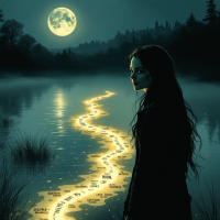 A woman stands by a glowing river under a full moon, reflecting on her past. The luminous path represents her journey, capturing the essence of change and self-discovery.