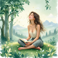 A young woman sits peacefully on a grassy hillside, immersed in a book, surrounded by lush trees, with mountains in the distance, embodying the adventure of learning and exploration.