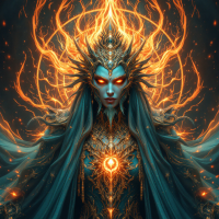 A regal figure with piercing eyes and an ornate headdress is surrounded by glowing, fiery tendrils, embodying the essence of imperial power and will.