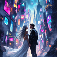 A couple stands together in a vibrant, neon-lit city, gazing into each other's eyes, embodying the idea that their imperfections complement one another beautifully.