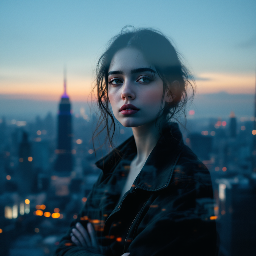 A contemplative young woman gazes over a city skyline at dusk, embodying uncertainty and introspection, resonating with the quote about heroism and self-doubt.