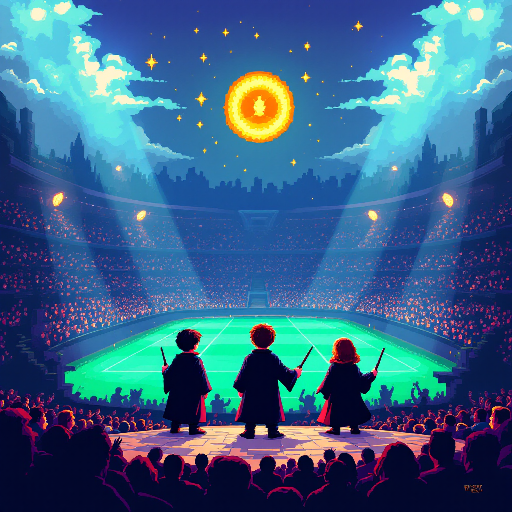 Three young wizards stand with wands raised in front of a vibrant stadium, illuminated under a glowing sun, as the excitement of the Triwizard Tournament begins.